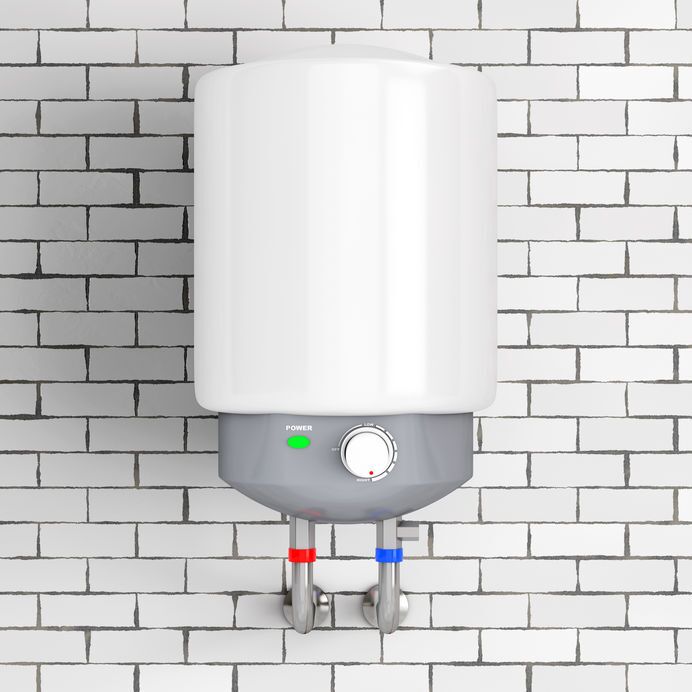 Modern Automatic Water Heater. 3d Rendering Modern Automatic Water Heater in front of brick wall. 3d Rendering.
