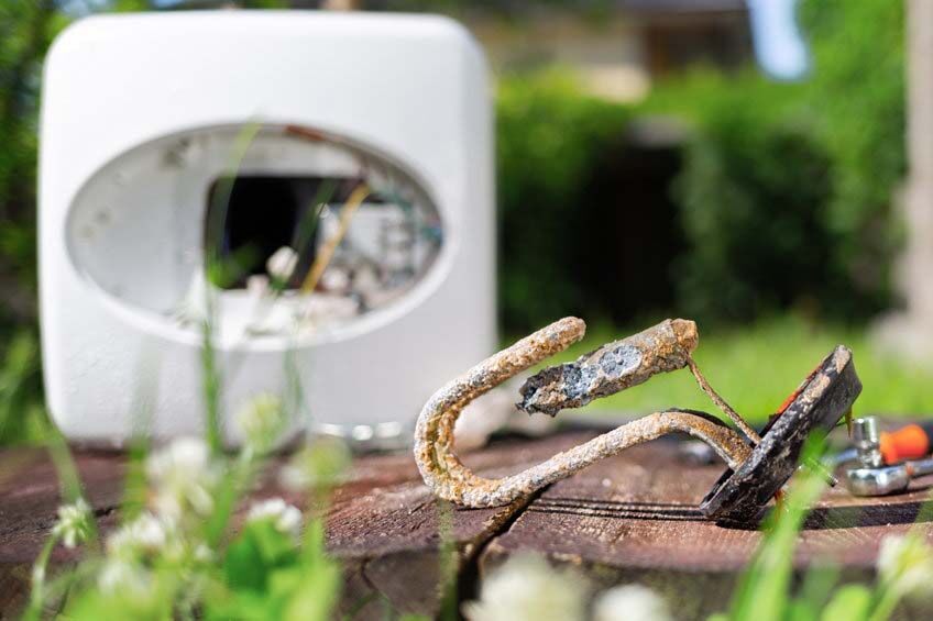 Heating element, rust and scale on boiler background, lying on wooden table. Concept of repair and maintenance of home appliances. Close up Heating element, rust and scale on boiler background, lying on wooden table. Concept of repair and maintenance of home appliances. Close up.